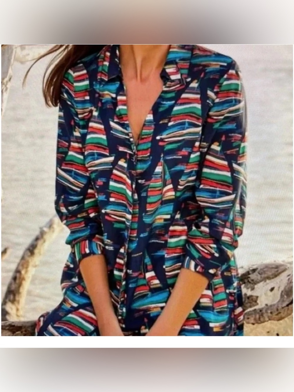 Soft Surroundings Sail Away Navy Sailboat Button Tunic Shirt Small NEW *d5